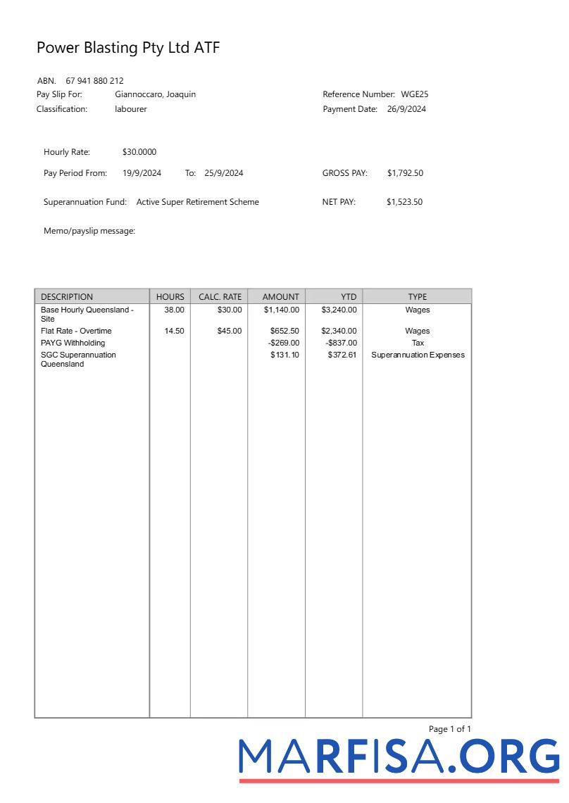 Printable Power Blasting payslip real example